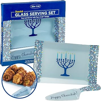 Rite Lite Chanukah Server Tray/Server Set Tree of Life Hannukah Menorah, 12.25'' Blue/White Hanukkah Serving Tray for Latkes, Doughnuts and Coins, Chanukah Party Supplies