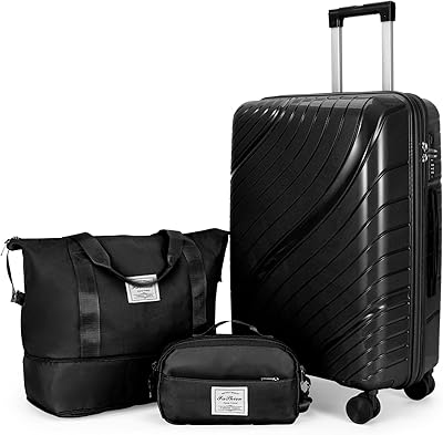 Karl home Luggage Sets 3 Piece, PP Hardshell Carry on Suitcase with Bags, Lightweight Suitcase Sets with Spinner Wheels TSA Lock Waterproof Rolling Luggage for Travel 3pcs, Black