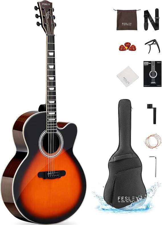 Fesley Jumbo Cutaway Acoustic Guitar: مجموعة جيتار صوتي بالحجم الكامل 42 بوصة، جيتار خشب الماهوجني للبالغين المبتدئين، جيتار أكوستيكا مع حقيبة الحفلة، اللقطات، الأوتار، كابو، حزام، بيكجارد، FJ90 Sunburst