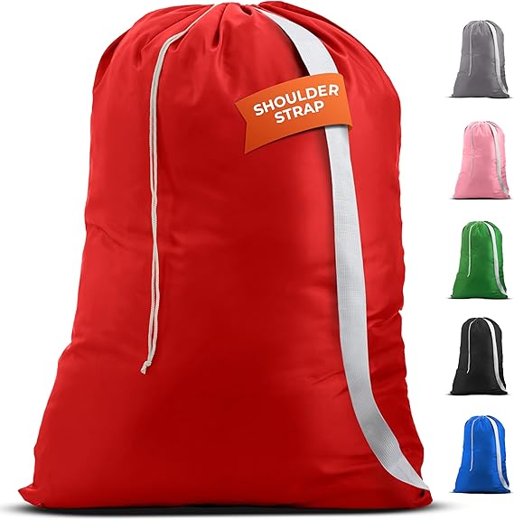 Extra Large Nylon Laundry Bag with Shoulder Strap 30" x 40" - Handy Laundry Heavy Duty Drawstring Bag, Holds 2+ Loads, Rip-Stop Washable Hamper Liner for College Dorm, Travel & Storage, Red