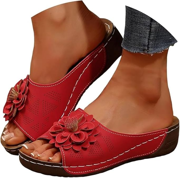 Orthopedic Wedge Sandals for Women Dressy Summer Wide Width Cute Flower Comfortable Sandals Slip On Arch Support Casual Platform Walking Leather Slides Flat Beach Shoes
