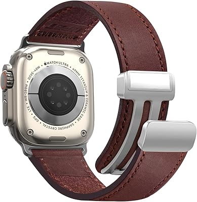 NPET Classic Stitched Genuine Leather Watch Band - Clean Design with Magnetic Buckle - Compatible with Watch Ultra SE2 SE Series 8 7 6 5 4 3 2 1