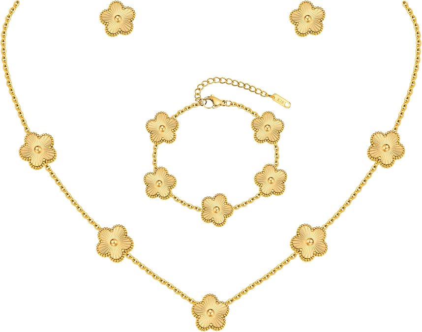 Gold Necklaces Bracelets Earring Set - 18K Gold Plated Flower Bracelet Chain,Stainless Steel Non Tarnish Floral Pendant Stud Jewelry Sets,Christmas Birthday Lucky Gift for Mom Wife Daughter Girlfriend