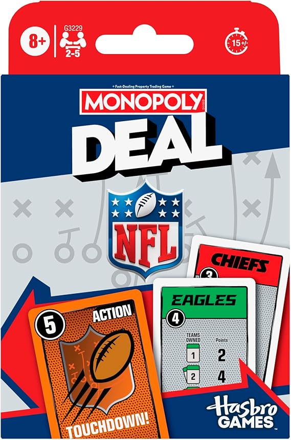 لعبة Monopoly Deal NFL Edition | لعبة بطاقات NFL مرخصة رسميًا للعائلات والأطفال | الأعمار 8+ | 2-5 لاعبين | 15 دقيقة. | العاب كرة القدم