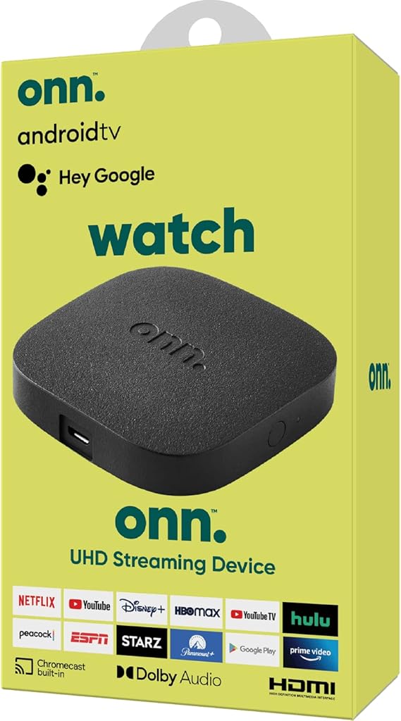 جهاز دفق onn Android TV 4K UHD مع جهاز التحكم عن بعد الصوتي وكابل HDMI