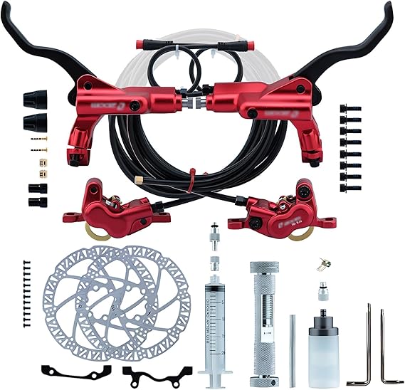 4-Pistons E-Bike Hydraulic Brake Set With 160mm/180mm/203mm Rotors 2-PIN Power-Off Disc Brake Set Alu Caliper Lever For Electric Bicycles Include 2300mm Hose(Red,160mm)