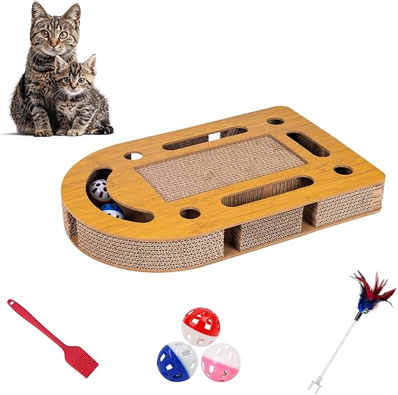 OHMU Interactive Cat Puzzle Box, Cat Nail File Toy, Wooden Enrichment Scratch Board for Indoor Cats with Bell Balls & Wand, No Assembly