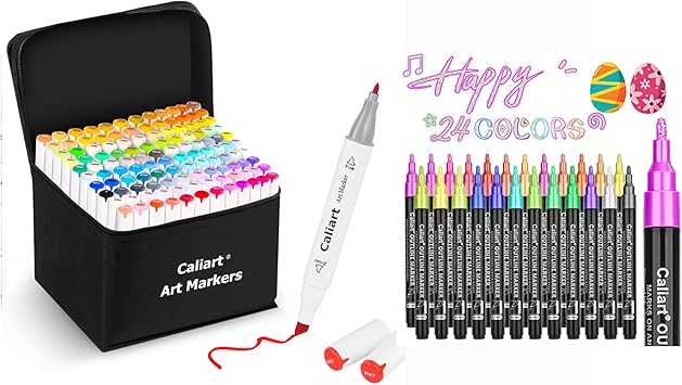 Caliart 121 Colors Alcohol Based Markers, 24 Double-Line Drawing Pens, Permanent Markers Mother's Day Gift for Mom, Kids, Adults, Artist, Cards, Drawing