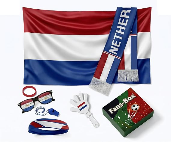 Soccer Fan Gear Set 2026-7 Piece Game Day Kit with Flag, Scarf, Glasses, Whistle, Clapper, Wristband & Headband in Gift Box - Watch Party & Stadium Essentials for Netherlands