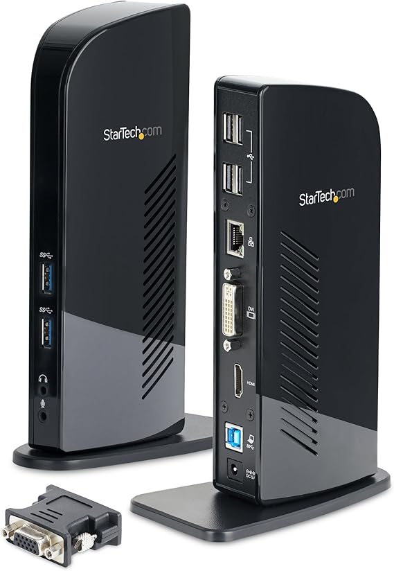 محطة إرساء USB 3.0 مزدوجة الشاشة مع HDMI & DVI/VGA، منافذ USB-A 6 x، إيثرنت، محور الصوت و USB من النوع A، قاعدة كمبيوتر محمول عالمية - Windows/macOS/ChromeOS، TAA (USB3SDOCKHD)
