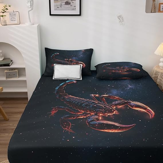 Galaxy Scorpion Sheets Queen Sheet Set, Fantasy Zodiac Bed Sheets, Space Cosmic Bedding Bedroom Decor, Soft Microfiber Deep Pocket Fitted Sheet & Flat Sheet & 2 Pillowcases