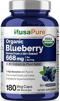 كبسولات التوت الأزرق العضوية NusaPure، 668 مجم، 180 كبسولة نباتية غير معدلة وراثيًا، نباتية، وزارة الزراعة الأمريكية