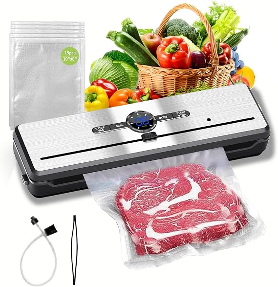 آلة غلق الفراغ، آلة غلق الفراغ Pro Food Saver القوية بقدرة 70 كيلو باسكال، أوتوماتيكية بالكامل مع ختم حراري مزدوج، أوضاع سائلة ورطبة وجافة مع نظام فراغ خارجي، قاطعة مدمجة و15 كيس فراغ