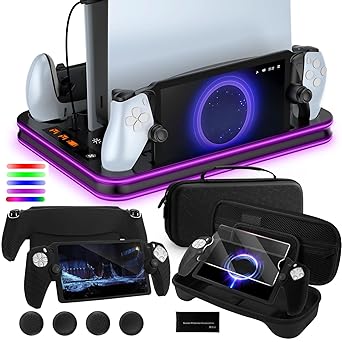 All-in-1 Accessories Bundle for Playstation Portal, PS5 Cooling Station  Charger Dock with RGB, Carrying Case for PS Portal, Silicone Protective Cover, HD Screen Protector, 4 Thumb Grips for Ps5 Portal - Black