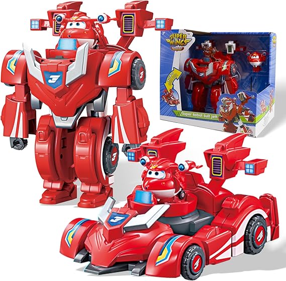 Super Wings Transformable Toys، 7 "Super Robot and 2" Mini Jett Transforming Suit، 2 in 1 Racing Car-Robot Action Figure for Boys and Girls Age 3+، Gifts for Preschool Kids، Red