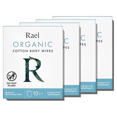 Rael Organic Cotton Wipes - Body Cloth, Individually Wrapped, All Skin Types 10 Count, Pack of 4