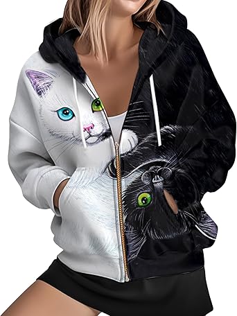 Womens Cat Sweatshirt Zip Up Hoodie Black White Cat Face Sweaters Funny 3D Printed Fall Jacket Novelty Pullover S