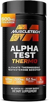 MuscleTech معزز التستوستيرون الحراري للرجال، AlphaTest Thermo - ملحق T-Boost للرجال مع Tribulus Terrestris - مكملات تمرين الصالة الرياضية للرجال لنمو العضلات والقدرة على التحمل والطاقة - 90 حبة