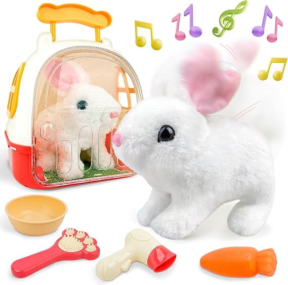 SMILESSKIDDO Jumping Rabbit Toys - Electronic Hopping Bunny with Wiggle Ears & Nose, Storage Cage and Accessories, Interactive Pet Gifts for Toddlers Girls Kids