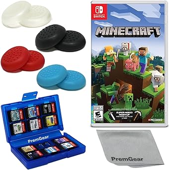 Minecraft لـ Nintendo Switch (الإصدار الأمريكي)، مع مقابض إبهام PremGear (8 عبوات - أسود وأزرق وأحمر وشفاف)، وحامل بطاقة ألعاب 24 فتحة وقماش تنظيف