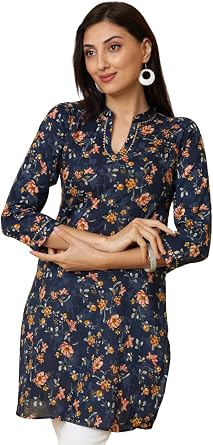 Tissu Womens Navy Floral Printed Pure Cotton Kurti Tunic