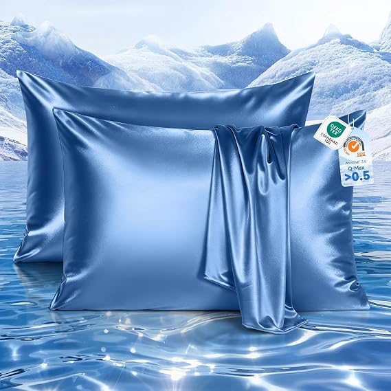 Elegear Cooling Pillow Cases Set of 2 for Hot Sleepers, Softer Than Silk Pillow Cases for Hair & Skin, Upgraded Arc-Chill Cooling Satin Pillowcases Q-max>0.5, Luxury Zipper Pillowcase Cover-King,Blue