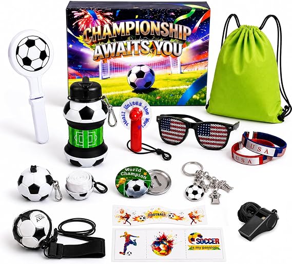Teen Soccer Fan Gift Set, Great for Gifting During the 2026 World Cup, Collapsible Water Bottle, Handheld Fan, Drawstring Backpack, Rain Poncho & More for School, Sports, and Match Day Viewing