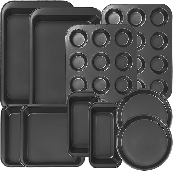 10PCS Nonstick Baking Pans Set - Bakeware Sets for Cooking, Oven and Dishwasher Safe, Non Toxic, Includes Cookie Sheets for Baking, Muffin Pan, Bread Pan, Cake pan, Loaf Pan Roasting Pan Black