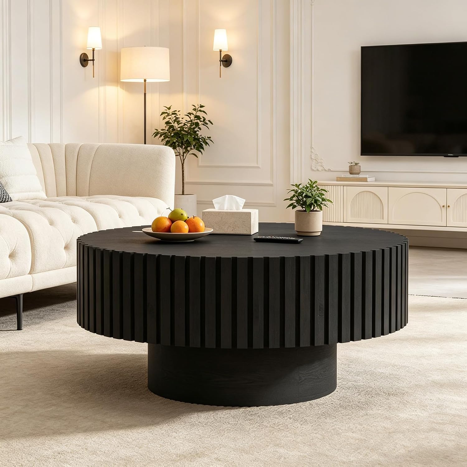 Runder Couchtisch (80 cm Durchmesser) für Wohnzimmer modernes handgefertigtes Design geriffelter Kreis stabiles Gestell einfache MontageY