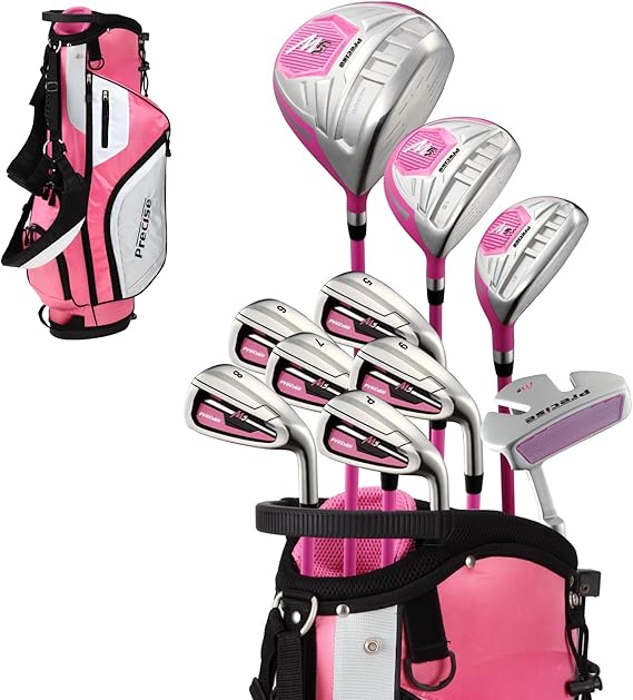 Precise M5 Womens Golf Clubs Full Set, Titanium Driver, S.S. Fairway, S.S. Hybrid, S.S. 5-PW Irons, Putter, Stand Bag, 3 H/C's, Golf Clubs Women Right Handed, Pink