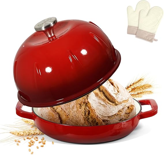 Davivy Enamel Dutch Oven for Sourdough Bread, 5 QT Cast Iron Bread Cloche, Sourdough Baking Pan with Slicone Oven Mitts - Cherry Red