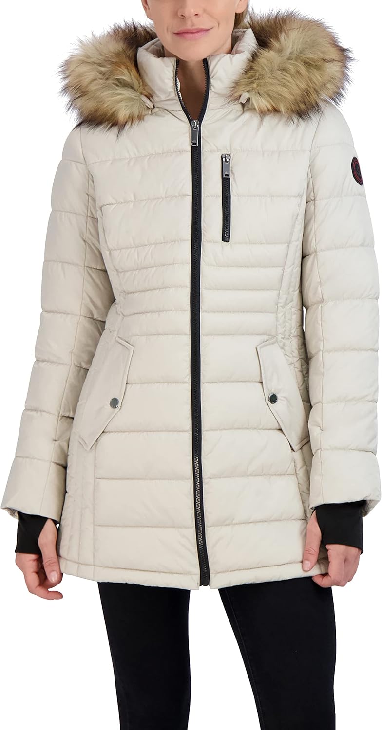 HFX Womens 34 Midweight Puffer Jacket Zipper Front Button Off Faux Fur Trimmed Hood Zippered Chest Pocket Water Resistant 31 Coat