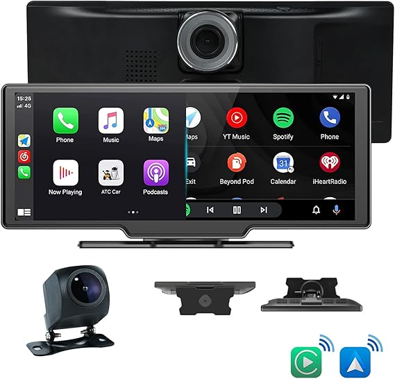 لاسلكي Apple Carplay و Android Auto Car Portable Car Radio ، 10 بوصة IPS Touchscreen ، Loop Recording 4K Front Camera ، Rear View Camera ، Bluetooth ، AUX / FM Transmitter ، 128GB SD Card ، Carplay Screen