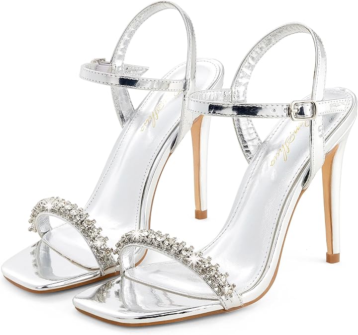 GENSHUO Women's Square Toe Strappy Stiletto Heels 4 Inch Open Toe Heel Sandals Ankle Strap Buckle Sexy High Heeled Shoes