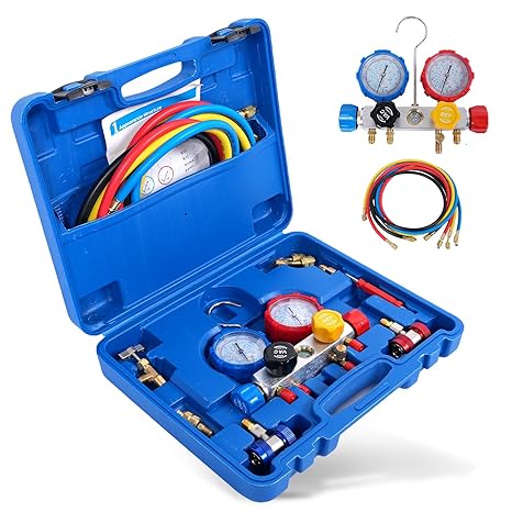 4 Way HVAC Manifold Gauge Set, Ac Manifold Gauge Set for R32/R410A/R134a Gauge Set, A/C R22 R404A Diagnostic Refrigerant Gauges with Hoses Tool Kit