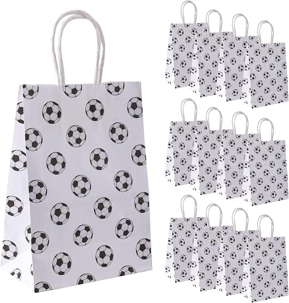 AIEX 16pcs Soccer Party Favor Paper Bags with Handles - Football Themed Soccer Goodie Snacks Treat Bags for Kids and Adults Team Birthday Party Gift Supplies