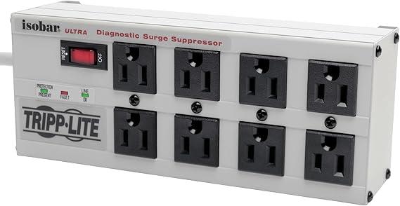 Tripp Lite Isobar 8 Outlet Surge Protector Power Strip ، سلك طويل 25 قدمًا ، قابس زاوية يمين ، معدن ، تأمين 50000 دولار (ISOBAR825ULTRA) رمادي