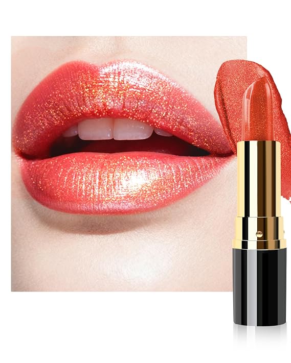 Glitter Red Metallic Lipstick for Women, Long Lasting Hydrating Moisturizing Sparkly Lip Stick, Lightweight Non-Drying Waterproof Creamy Shimmer Pearl Tinted Lip Balm, High Glossy Makeup Gifts-02