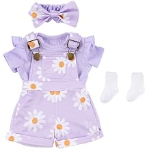 BABESIDE 4 Pcs Reborn Baby Doll Clothes for 17-22 Inch Babydolls, Cute Purple Flower Dolls Overalls Lifelike Reborn Baby Doll Accessories with Headband and Socks for Realistic Dolls Girl