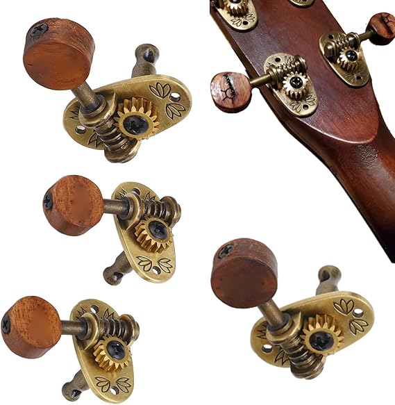 4Pcs Ukulele Tuning Pegs, Acoustic Guitar Locking Tuners, 2R 2L Machine Heads, Elegant Rosewood Bronze Zinc Alloy Ukulele Tuners with Sleeves and Screws for 4 String Ukulele Guitar