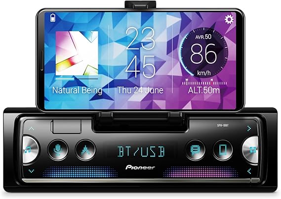 Pioneer SPH-10BT 1-Din Smart Sync Receiver Bluetooth, Smartphone Mount, Color Change, USB, FLAC, Voice Control, 50W x 4 Output, 13-Band EQ, AM/FM Radio, Front, Rear/SW Selectable RCA Preout