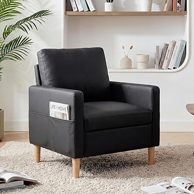 TYBOATLE Leather Chair wArmrest Pockets, Solid Wood Accent Chairs Set of 2, Mid Century Modern Living Room Chairs, Comfy Waiting Room Chairs for Bedroom, Office, Black