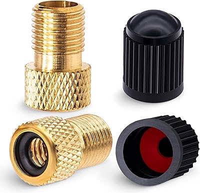 2PCS Brass Presta Valve Adapter, Convert Presta to Schrader Adaptor, Inflate Tire Using Standard Pump or Air Compressor for Bikes, 2 Pack Black Tire Valve CapsReticulated Grain Style