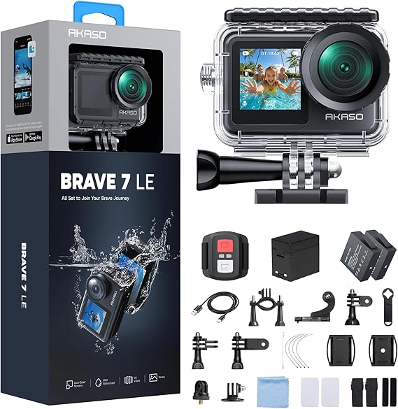 AKASO Brave 7 LE Action Camera, IPX7 Waterproof Navitve 4K 20MP WiFi Sports Camera with Touch Screen, EIS 2.0 Remote Control Underwater 40M Cam with 2X 1350mAh Batteries