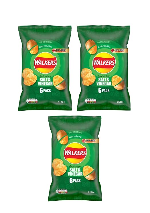 Walkers Salt and Vinegar Flavored Potato Crisps, 6 Pack, 25g Each (Pack Of 3)