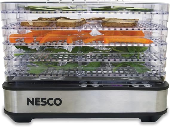 مجفف الطعام NESCO FD-5TC Snackmaster، 5 صواني خالية من مادة BPA، تحكم في درجة الحرارة قابل للتعديل، تصميم مدمج للحوم البقر المجففة والفواكه والأعشاب وحلوى الحيوانات الأليفة، 420 وات
