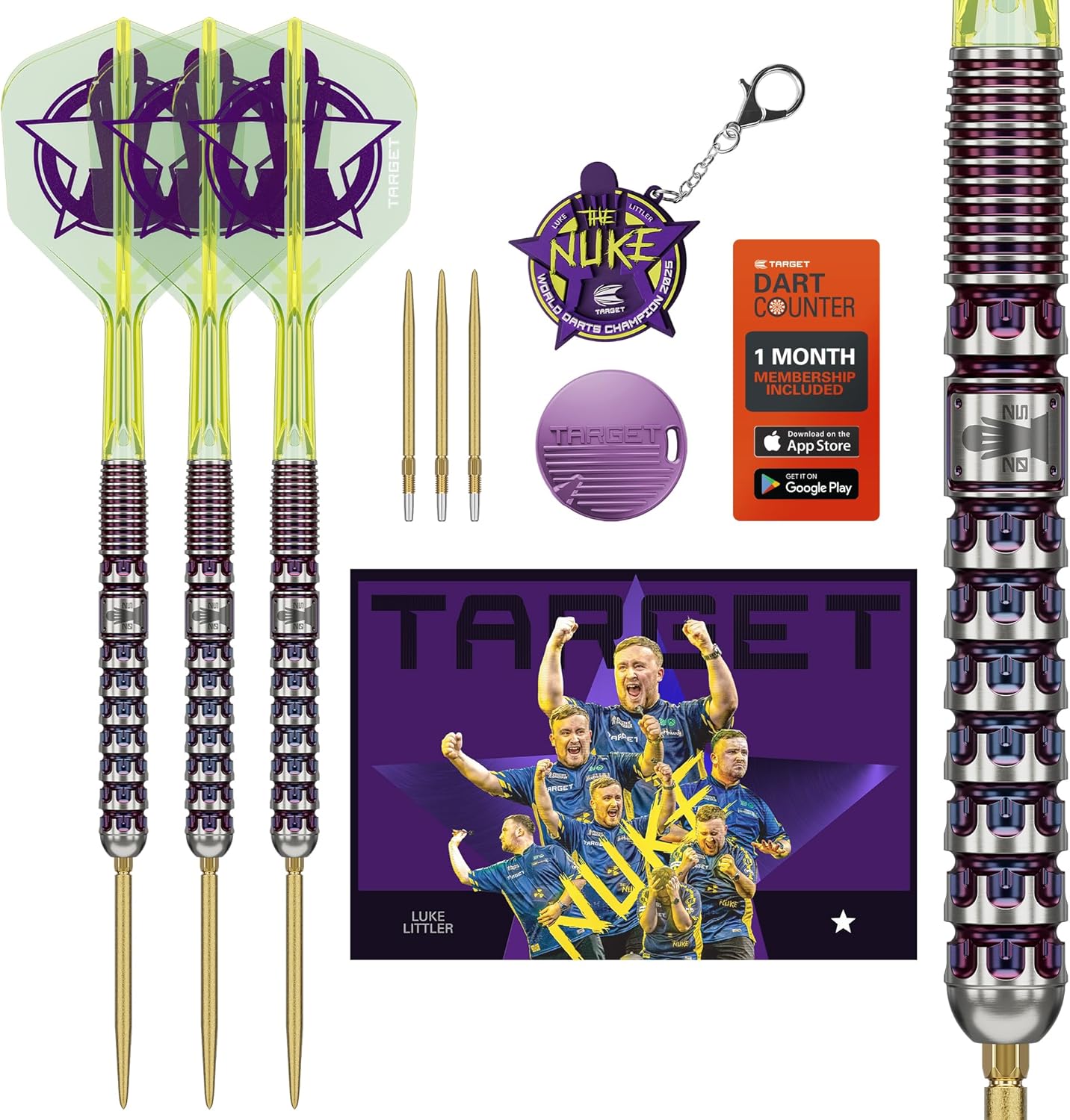 Target Darts Luke Littler World Champion Steel Tip Swiss Point Darts, 90% Tungsten Dart Set, 23G | The Nuke 2025 Special Edition K-Flex, Key Ring, Spare SLK Swiss Points and Premium Tool Included