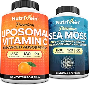 Nutrivein Premium Sea Moss Capsules & Vitamin C Supplement Bundle High-Absorption Liposomal Vitamin C & Irish Sea Moss Capsules - Digestive Wellness, Antioxidant Protection, Immune Support