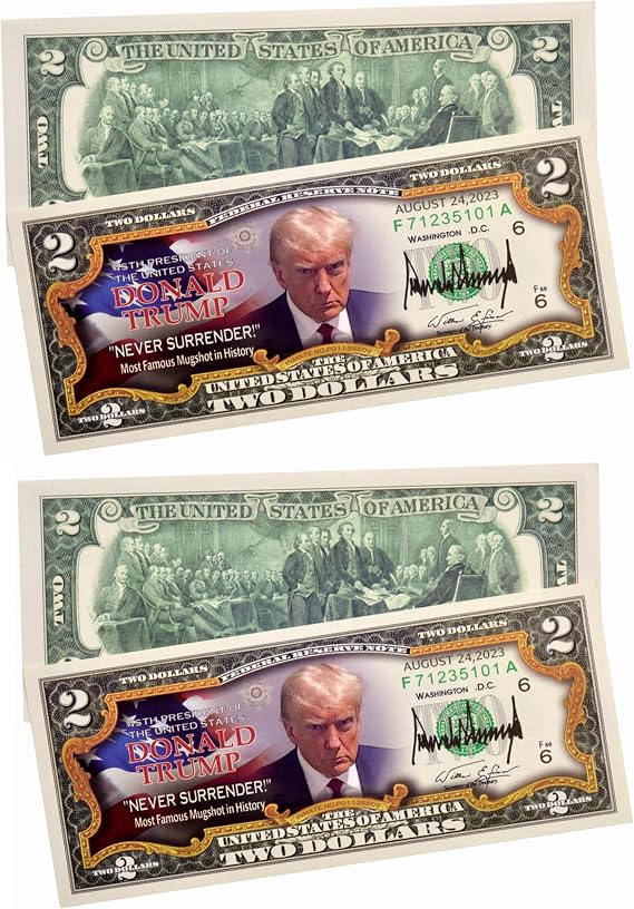 Trump Merchandise Trump 2 Dollar Bill,Trump Never Surrender Colorized Mugshot $2 Bill Uncirculated Commemorative Coin 2PCS