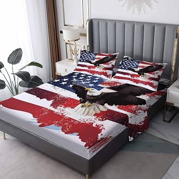 American Flag Sheets Queen Sheet Set, Eagle Bed Sheets, Wildlife Bedding Bedroom Decor, Soft Microfiber Deep Pocket Fitted Sheet & Flat Sheet & 2 Pillowcases